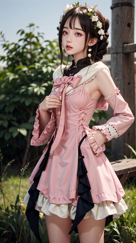 grassland, 1girl, solo, full_shot, hands_on_hips, 
<lora:è´é¢neg4all_bdsqlsz:0.8>, mh \(manaka nemu\), pink dress,, best quality, ultra high res, (photorealistic:1.4), masterpiece, highres, original, extremely detailed wallpaper