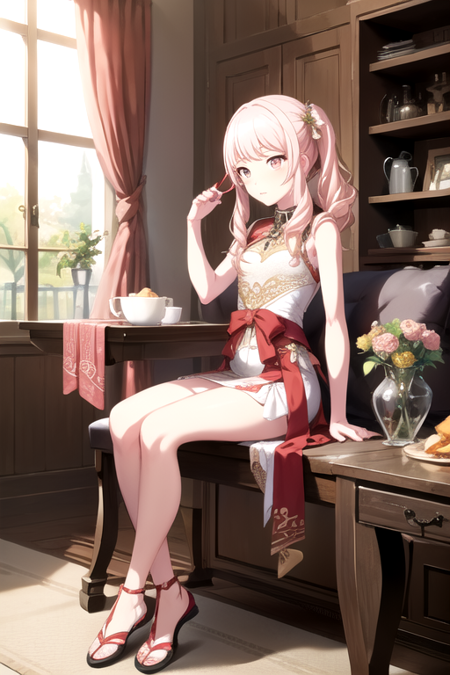 <lora:AkiyamaMizuki-05:0.745> ,mizuki, solo, long hair, looking at viewer, hair ornament, dress, bow, ribbon, holding, bare shoulders, sitting, full body, pink hair, flower, sidelocks, frills, food, sleeveless, indoors, hand up, pink eyes, side ponytail, red ribbon, wrist cuffs, bare arms, bare legs, window, sleeveless dress, arm support, chinese clothes, eating, red dress, sandals, table, white footwear, frilled dress, holding food, plant, white flower, curtains, tassel, china dress, androgynous, 1other, gold trim, lantern, dot nose, potted plant, back bow, lamp, layered dress, vase, picture frame, toeless footwear, waist bow, carpet, lattice, single wrist cuff