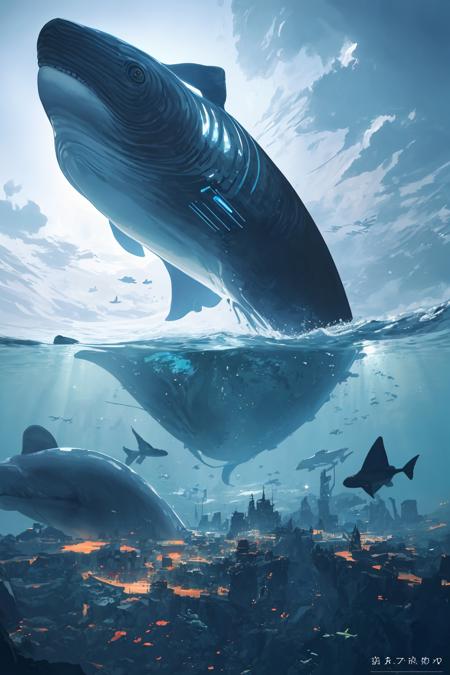 highres, shadows, absurdres, best_quality, ultra_detailed, 8k, extremely_clear, photograph, beautiful, sharp focus, hdr, underwater, giant whale, fantastic location, dream, flying, underwater cyberpunk city