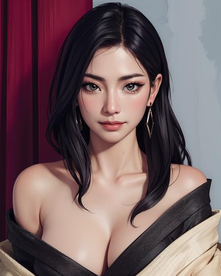 masterpiece, best quality,1girl,mature  elite japanese woman,portrait close up,looking at viewer,aged charming face,earrings,off-the-shoulders long sleeves dress,cleavage,(filmic shader:1.2),enhanced,textured,real life