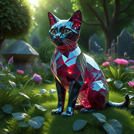 1 cat made of rp_slgd, eveything made of soul gemmed, rp_slgd, garden background, realistic, high resolution, precise, high detailed, 4k,