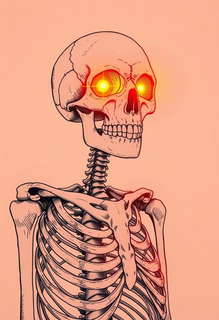 single continuous minimal ink drawing skeleton with glowing eyes, warm orange and pink hues casting a beautiful glow, cinematic lighting, detailed digital painting by Aaron Blaise and Robert Bateman and Carl Runguis, 4k resolution, hyperrealistic rendering, ethereal atmosphere