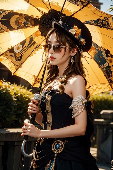 <lora:Navia v1:0.8>,navia (genshin impact),drill hair,blonde hair,long hair,hat,sunglasses,solo,flower,holding an umbrella,, Best Quality,Masterpiece,Edge quality,gorgeous and intricate detail,Perspective Silhouette,((8k, Best Quality, Masterpiece, Extremely Detailed, Rule of Thirds)),((crazy imagery)),photorealistic,masterpiece,superb,HDR,high resolution,sharp focus,photorealistic rendering,extremely detailed description,professional,intricate details,