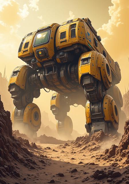 in the style of ck-mgs, in the style of cksc, a_skynet_cyberdyne_craft, Sci-fi cinematic scene. 
Foreground: scattered piles of dirt, broken rocks and metallic debris, dust particles floating in sunlight, creating cinematic parallax. 
Midground: main subject — a massive excavator with hydraulic multi-jointed legs firmly planted into rugged terrain, central rotating cab with reinforced glass, heavy robotic arms equipped with claw buckets and pneumatic drills, extra welder, mechanical hoses snaking along armored chassis, mud and scratches covering hazard-painted panels. 
Background: deep excavation pit with exposed rock strata, rusty steel support beams, and distant silhouettes of cranes under a smoky orange sky at dusk. 
Cinematic yellow mix pink lighting with dramatic long shadows and rim light tracing the excavator legs, volumetric dust clouds rising around the machine, emphasizing its sheer scale and weight. 
Shot on a 35mm lens with shallow depth of field, gritty industrial sci-fi teal and orange film grading, subtle film grain and atmospheric perspective for immense depth. 
digital painting, ultra detailed 8k, hyper-realistic textures on mechanical surfaces, worn paint, oil leaks. 
