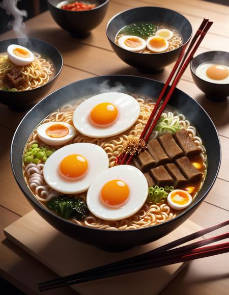 concept art <lora:FF.73.dreamshaperXL10_alpha2Xl10.lora:1> ultra detailed 8k cg, japanese ramen, chopsticks, egg, steam, boken . digital artwork, illustrative, painterly, matte painting, highly detailed