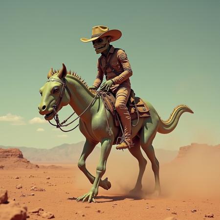 Bizarre alien cowboy, riding a strange lizard-like creature instead of a horse, on the surface of a strange alien planet
