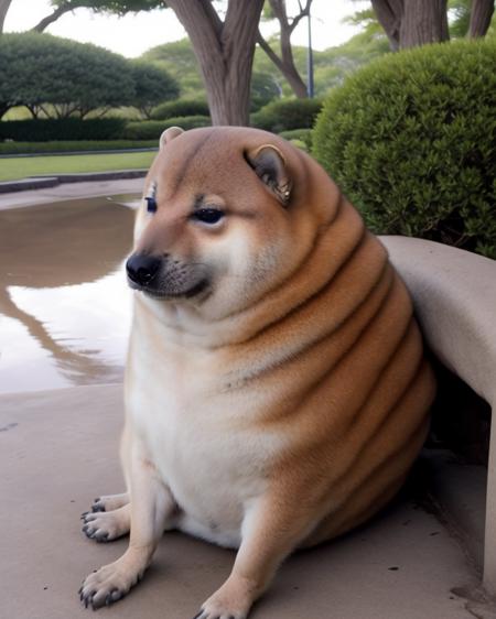 <lora:Round_animal:.9> a cinematic portrait of cig rotund, cicular, round animal, cheems outdoors sitting on a park bench <lora:Cheems_50_2-000001:.9>