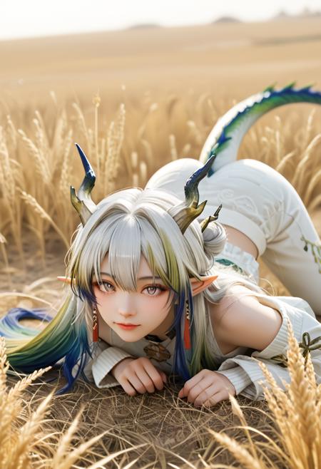 1girl, shu (arknights), horns, blue hair, green hair, grey hair, long hair, very long hair, multicolored hair, grey eyes, pointy ears, dragon horns, dragon girl, dragon tail, colored skin, blonde hair, 