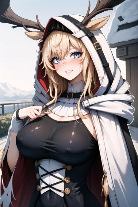 best quality,  looking at viewer ,<lora:VIVIANAK-000007:1>, vivianaak, 1girl, long hair, looking at viewer, blonde hair, animal ears, breasts, hood, bangs, deer ears, large breasts, hooded cape, blue eyes, solo, cape, hood up, white cape, ears through headwear, dress, black dress, outdoors, smile, blush