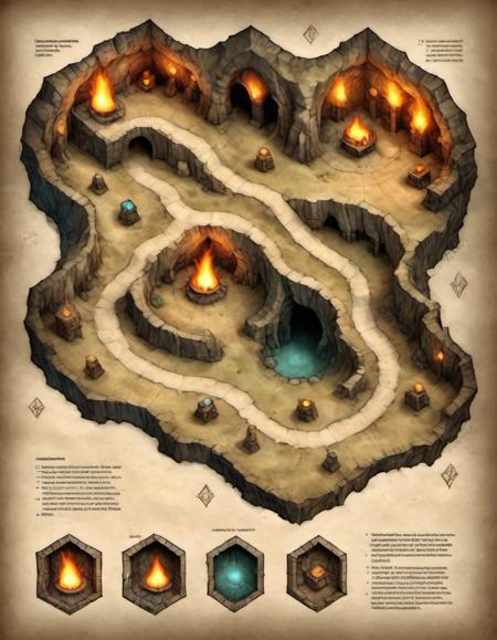 on parchment isometric subterranean mountain caves rpg battle map straight paths geometric wall torches many alcoves and hidden treasure and treasure chests lurking monsters