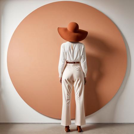 A minimalist, surreal photograph featuring a woman with her back to the camera. She is wearing white high-waisted trousers and a large, round, terracotta-colored hat that covers her head. The background is a large, flat, peach-colored circle against a clean white wall, with the circle perfectly aligned with the hat, creating a visually striking composition. The woman's pose is relaxed and her arms are crossed in front of her, adding a subtle human element to the otherwise abstract and geometric scene. The overall aesthetic is soft, minimalistic, and artistically balanced.