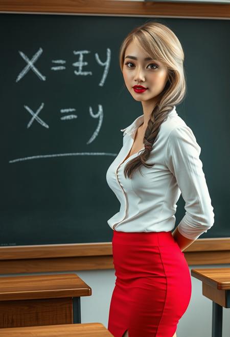 photorealistic eyes, realistic skin texture, 
detailed, hyper-detailed,  intricate details, detailed skin, blonde Chinese woman:1.5, math teacher, teacher standing next to chalkboard, writing on chalkboard is “x + y = BUZZ” in large chalk writing:2.6,
photorealistic, 1woman, solo, school teacher, beautiful Chinese woman, full round lips:0.9, glossy red lipsticks:2.2, elegant red eyeshadow:0.8, eyeliner:0.8,  lips slightly parted, very_long_hair,  long hair, detailed shiny black hair, platinum blonde_hair, bangs and low loose braid, medium perky breasts, medium full round breasts:0.8,  looking_at_viewer, blue_eyes, tight slightly sheer white cotton button down shirt, shirt partially unbuttoned and open:1.1, hint of  cleavage, red pencil skirt with leg slit showing some of her thigh:0.8, high 
waist skirt,  standing in front of blackboard giving a lesson, collarbone, thighs, pantyhose, cowboy_shot:0.8, indoors, hair_over_shoulder, red pencil skirt, desk, sleeves_rolled_up, contrapposto, realistic, 1950s classroom, old classroom, large wall of windows, beautiful window lighting, chalkboard, school, sleeves_pushed_up, asian woman, photorealistic