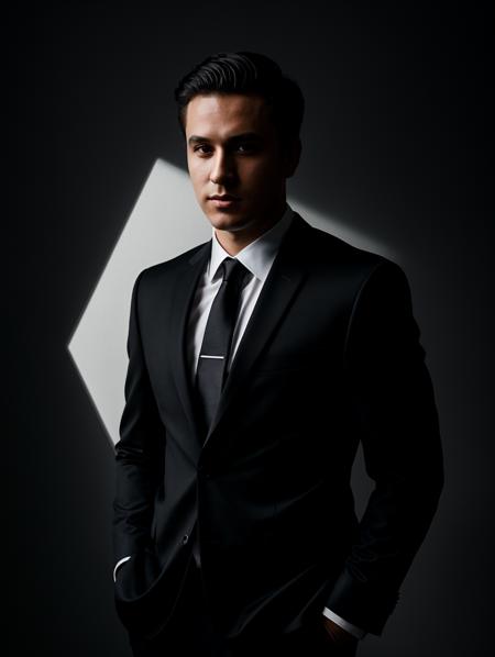 1man, studio portrait, cinematic lighting, dramatic shadows, three point lighting, key light, rim light, wearing black suit, short hair, dark background