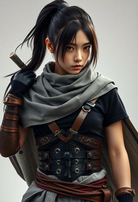 full shot of a japanese ninja girl, She has a tall ponytail hair style, She has a scar in the right eye, She wears a grey scarf cape, She wears two warrior belts with chains, she wears a Battle leather corset, she wears a black T-shirt, she wears light grey Explorer trousers, photography studio style, hyper realistic, ultra detailed