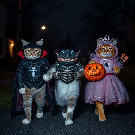 Ultra realistic. white grey brown cat with helmet and black leather jacket  on a vampire costume, one hamester with alien costume,  one orange cat on a princess costume carring a carved pumpkin with candies,  walking on a suburban street, midnight, low light, shadows with brillant eyes behind them