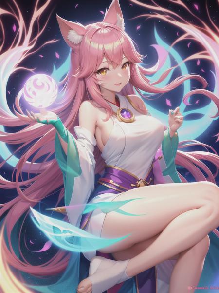 portrail | ahri!!!!!! | holding a glowing ball | the nine - tailed!!! fox | handbok!!! | mystical forest | fantasy | league of lengeds | very detailed | digital | by yuumei | by wlop