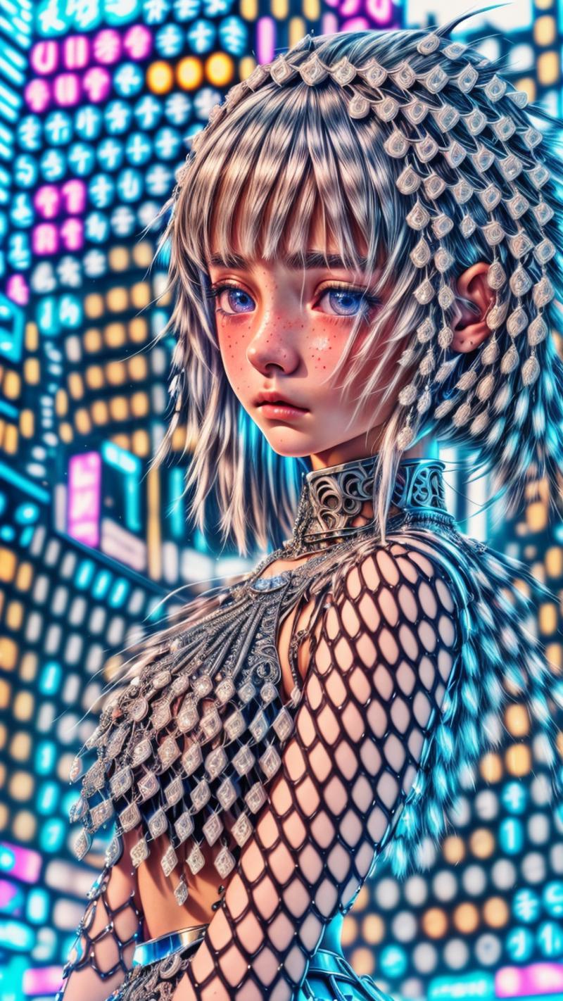 Computer-generated art of a young girl with blue eyes and blonde hair.