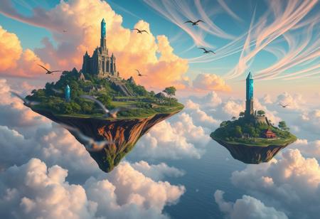 ((blue, orange, pink, sky)), clouds, swirling, 3 floating continent sized islands, the islands are floating high above the ocean, the islands are floating gracefully, the islands are spaces apart, crystals are floating around the islands, eastern dragons are flying between the islands, mountains are visible on floating islands, massive forests on floating islands, jungle trees, vines, beautiful plants, ruins are visible on floating islands, tall obelisks are visible on each floating island, large crystals above each obelisks, blue crystals, floating crystals, crystals floating in sky, trees on floating, exposed earth underneath floating island, dinosaurs are visible on the floating islands, jungle ruins are partially visible on the floating islands, ancient, overgrown, landscapes, intricate details, background colourful, cloud streams, dynamic, vibrant colours, high quality, detailed, realistic, beautiful,