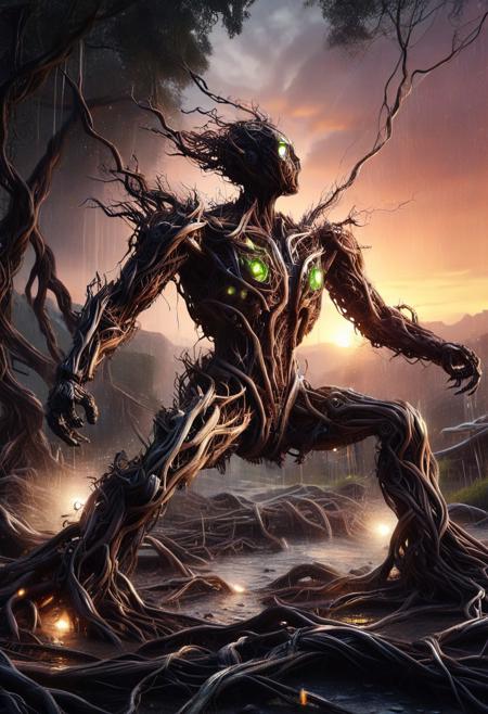 masterpiece, professional photography, insane quality, a portrait of a hi-tec scifi robot made from morph-treeroots falling down, rain in sunset, scifi, metal mixed with wires and glass, hi-tec, geometric asymmetrical composition, aesthetics:1.3, 4k, highest resolution, negative space above, intricate details, depth of field:1.4,  dramatic light, atmospheric lighting