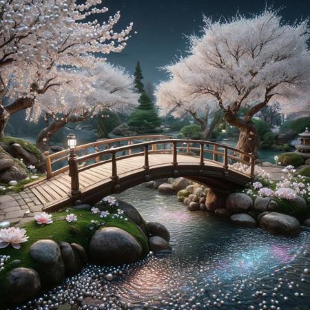 Pearlum,
8k, score_9, score_8_up, score_7_up,
masterpiece,realistic,ultra detailed, vibrant colors,photo-realistic,
A serene Japanese garden at twilight, featuring a tranquil koi pond with delicate water lilies, a traditional stone lantern glowing softly, moss-covered rocks, and a curved wooden bridge surrounded by blooming cherry blossoms. The scene is bathed in a pearlescent, iridescent glow, with gentle mist adding a mystical atmosphere. The Pearl Morph LoRA enhances the luminous textures of water, petals, and stones, creating a dreamy, ethereal aesthetic, highly detailed, cinematic lighting, vibrant yet soft colors, 8k resolution.