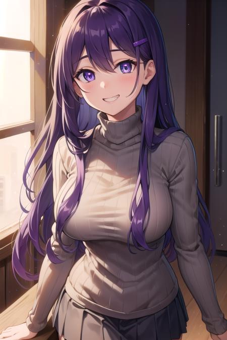 ddlcyuri, <lora:ddlcyuritest:1>,
ddlcyuri, hair ornament, hairclip, long hair, (purple eyes:1.1), purple hair, grin, smile, hair over eyes,
BREAK casual clothes, grey sweater, miniskirt, pants, ribbed sweater, skirt, sweater, turtleneck, turtleneck sweater,
BREAK looking at viewer,
BREAK indoors, classroom,
BREAK <lora:GoodHands-vanilla:1>, (masterpiece:1.2), best quality, high resolution, unity 8k wallpaper, (illustration:0.8), (beautiful detailed eyes:1.6), extremely detailed face, perfect lighting, extremely detailed CG, (perfect hands, perfect anatomy),