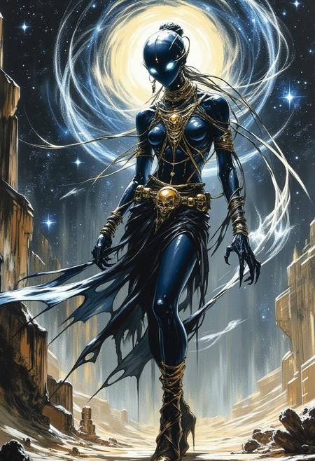 fg Create an artwork of a hindu goddess dancing in the swirling cosmos, wild dance kicking and flailing, aspect like a slender alien, radiating their awesome godlike might, strange woman, big eyes, dark blue skin, white eyes, golden jewelry,( a belt of skulls, a necklace of severed bloody heads:1.3), four arms, inhumanly thin, kaleidoscopic swirl of stars and nebulae in the background
Concept art, photobashing, digital art, digital painting, matte painting.