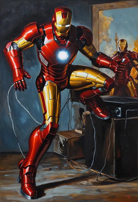 Glossy oil painting, Iron Man, 1973, Action posing, plup magazine, flim Noir, Radio Show Style