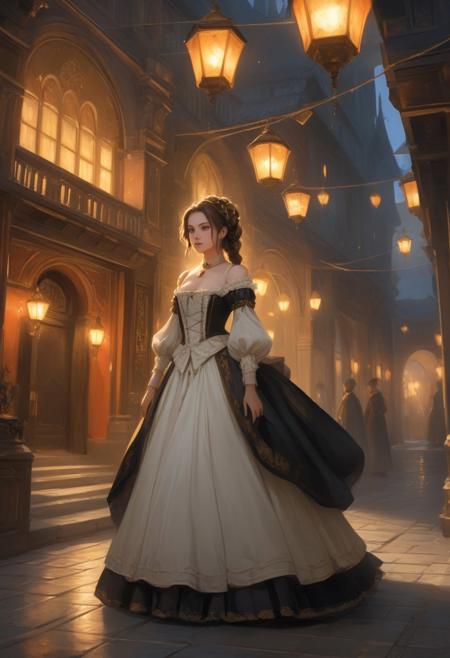 A girl in Fine Day to Exit, top hard light, Dark environment, highly detailed, masterful painting in the style of Anders Zorn | Marco Mazzoni | Yuri Ivanovich, Aleksi Briclot, Jeff Simpson, oil on canvas. Street view of a huge, elaborate, grand, gilded Steampunk Ottoman mosque, at night. Vivid colours and deep shadows. Bright 17th century clothing. Outdoors. Exterior. Space illuminated by fires and lanterns.