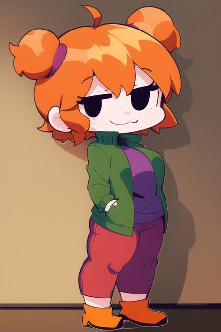 DSideGF 1girl, smile, orange hair, solo, jacket, open mouth, shirt , freckles, black eyes, twintails, short twintails , pants , green jacket , short hair, purple shirt, long sleeves, open clothes, purple sweater