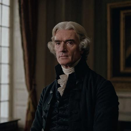 front shot, portrait photo of ((thomas Jefferson)) , looks away, natural skin, skin moles, cozy interior, 17th century attire, (cinematic, film grain:1.1)