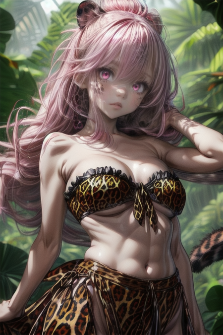 animal print,long hair,pink hair,(((pink leopard print))),pink eyes,bare shoulders,bikini,looking at viewer,swimsuit,navel,1girl,solo,small breasts,blush,outdoors,very long hair,strapless,collarbone,stomach,barefoot,closed mouth,red eyes,floating hair,tree,(((Large Underwear))),parted lips,bare legs,medium breasts,bare arms,nature,hair between eyes,,(((pink large boyshot))),print bikini,smile,cleavage