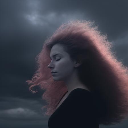 raw portrait ethereal dreaming pale  woman in stormy dark clouds, hair in wind, closed eyes, smirking knowingly <lyco:Cloudify:0.65>  <lora:LowRA:1> sunset red sky