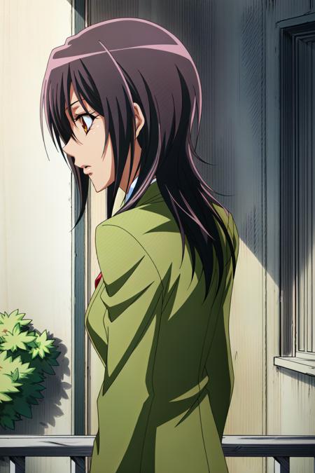 Ayuzawa Misaki, 1girl, solo, school uniform, day, black hair, long hair, blazer, brown eyes, sky, jacket, profile, railing