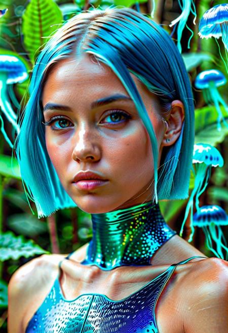 1girl, solo, bioluminescent jellyfish filling up the ocean, millions of jellyfish, bioluminescent jellyfish, long jellyfish, a girl swimming in the deep ocean surrounded by jellyfish, ((jellyfish)), (photorealistic:1.4), official art, unity 8k wallpaper, ultra detailed, beautiful and aesthetic, masterpiece,best quality, (dynamic angle:1.4), glowing skin, (floating colorful sparkles:1) the most beautiful form of chaos, elegant, a brutalist designed, vivid colours, romanticism, ultra wide angle,   
fashion photography portrait of blue human avatar, in blue lush jungle with flowers and birds, 3d render, cgi, symetrical, octane render, 35mm, bokeh, 9:16, (intricate details:1.12), hdr, (intricate details, hyperdetailed:1.15), (natural skin texture, hyperrealism, soft light, sharp:1.2)