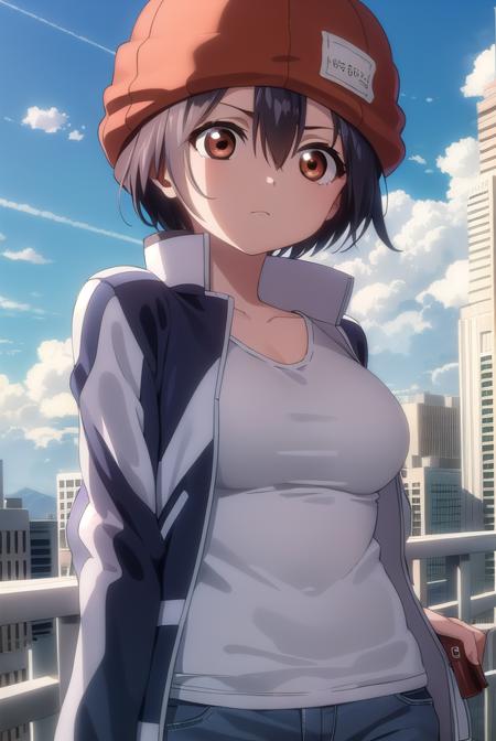 fuukoizumo, <lyco:fuuko izumo s1-lyco-nochekaiser:1>,
fuuko izumo, black hair, hair between eyes, (brown eyes:1.5), short hair,
BREAK shirt, white shirt, jacket, open jacket, pants, denim, beanie, (red beanie:1.2),
BREAK outdoors, city, sky, clouds, sun,
BREAK looking at viewer, (cowboy shot:1.5),
BREAK <lyco:GoodHands-beta2:1>, (masterpiece:1.2), best quality, high resolution, unity 8k wallpaper, (illustration:0.8), (beautiful detailed eyes:1.6), extremely detailed face, perfect lighting, extremely detailed CG, (perfect hands, perfect anatomy),