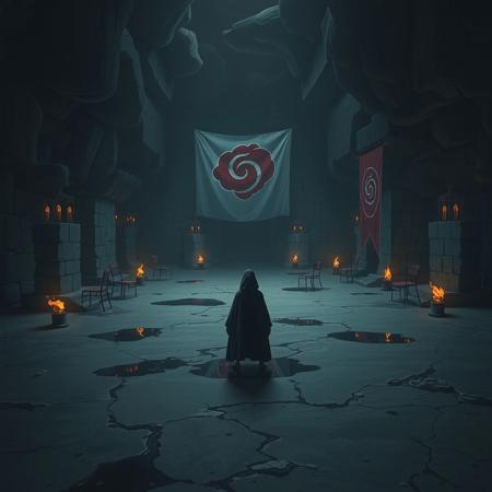 A liminal space inspired by the Akatsuki, as seen in Naruto. The environment is dark, cold, and desolate, with an abandoned, eerie atmosphere. The setting is a large, empty cavern or underground hideout, dimly lit by faint, flickering lights from scattered torches. The stone walls are rough, covered with cracks, and the floor is uneven, with pools of stagnant water in some areas.
The iconic Akatsuki cloak and red cloud symbol are subtly referenced in the surroundings, with tattered banners and empty chairs scattered around, creating a sense of unsettling solitude. There is no sign of the members, only the remnants of their presence—their dark and oppressive aura hangs in the air. The place feels abandoned yet oddly alive, as if the weight of the Akatsuki’s actions still lingers in the shadows, creating a chilling sense of isolation and unresolved tension.