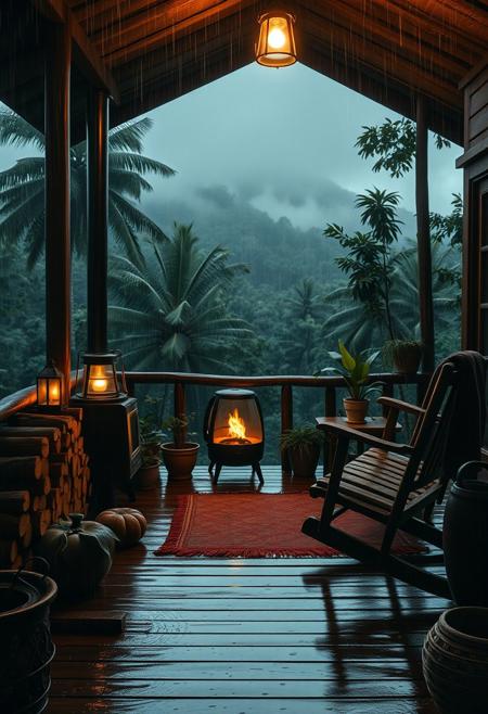 A cozy wooden cabin porch in the middle of a lush, tropical rain forest during a nighttime rainstorm. The porch is warmly lit by a glowing lantern and a crackling fire inside a freestanding black metal fireplace. Rain pours heavily in the background, with mist rising between densely packed forest trees and distant jungle hills. The porch floor is wet and reflective, with stacked logs of firewood, green potted plants, and rustic wooden furniture, including a rocking chair and a small table holding a cup and a pitcher. A woven rug adds a touch of warmth to the space. The overall atmosphere is tranquil, immersive, and cinematic — ideal for a relaxing ASMR or ambient scene. Soft warm lighting contrasts beautifully with the deep blues and greens of the rain forest night.