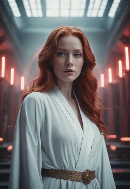 the 100-inspired, hologram of female emperor, white robe, futuristic temple, galactic leader, futuristic setting, natural beauty, cinematic film still, stunning eyes, light red hair, long hair, desaturated, dramatic lighting, desaturated background, bokeh, dark theme, soothing tones, depth of field, dramatic backlighting, film grain, Surreal Harmony, 8k uhd, high quality, hdr, sharp photography
