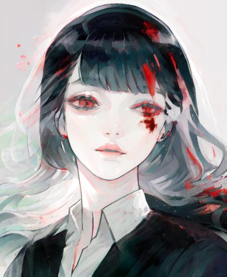 portrait, (abstract background), 1girl, in the style of, blunt bangs, black hair, red eyes, short hair, blood, fine face,  <lora:sui_ishida-v2:0.7>