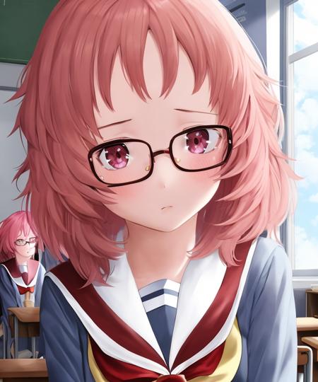 1girl, ai_mie, short hair, pink hair, bangs, glasses, sailor collar, classroom, sad <lora:ai-mie:1>