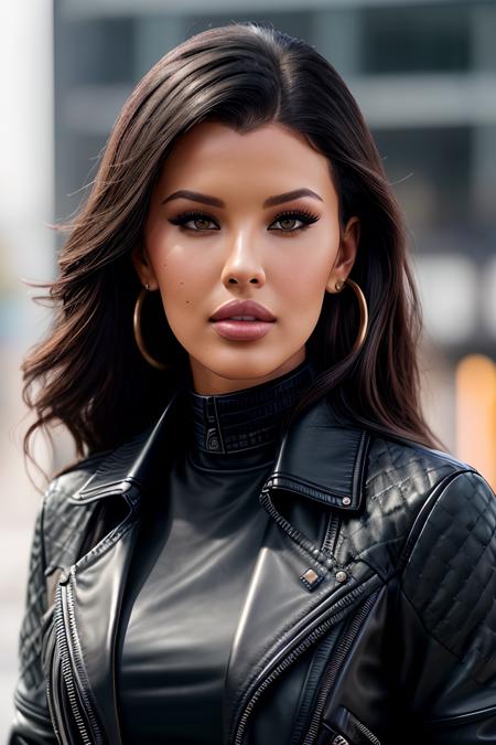 photo of beautiful young (l1zamakhu:0.99), a woman, (black leather jacket:1.2), (long sleeve top with collar:1.2), (jeans), (walking) in a department store, natural light, (masterpiece:1.2) (photorealistic:1.2) (best quality) (detailed skin:1.2) (intricate details) (8k) (HDR) (cinematic lighting) (sharp focus), (looking at the camera:1.1), hoop earrings, ((closeup portrait:1.2))