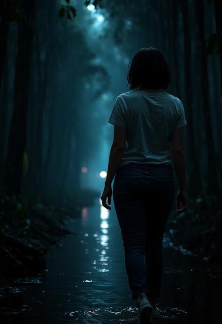 grainy, detailed, dynamic lighting, dark, rain, reflection on water,<lora:Blade Runner 1982:0.8>, curvy girl in jeans and a t shirt with short black hair walking in forest, from behind, bioluminescent details, Shimmering light, thick forest