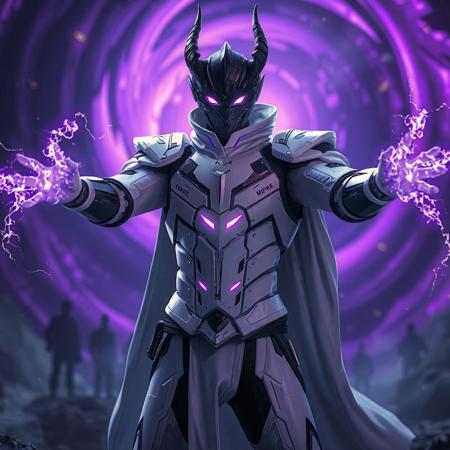 A cinematic portrait of Dragonox, the Empowered Warrior in a dynamic battle stance: arms outstretched, crackling energy arcs radiating from his palms. Clad in a sleek white armored suit with black geometric accents and a matte-black mask featuring glowing white eyes that pierce through shadows. Set against the Dream Mirror of Joy—a swirling vortex of deep purple and inky black hues, dotted with distant blurred silhouettes and faint golden runes. Hyper-detailed textures: polished armor plates, smoldering energy trails, and ethereal cloak fabric. Stylized with Final Fantasy grandeur and Cyberpunk 2077 neon aesthetics. Rendered in Unreal Engine 5 realism, Octane Render gloss, and Dutch angle composition. Color palette: stark white armor, neon purple energy, and void-like blacks. Background features volumetric fog and celestial debris. Trending on ArtStation, 8K HDR, golden ratio framing. Tags: futuristic warrior, dynamic energy, hyperrealistic lighting, cinematic depth-of-field