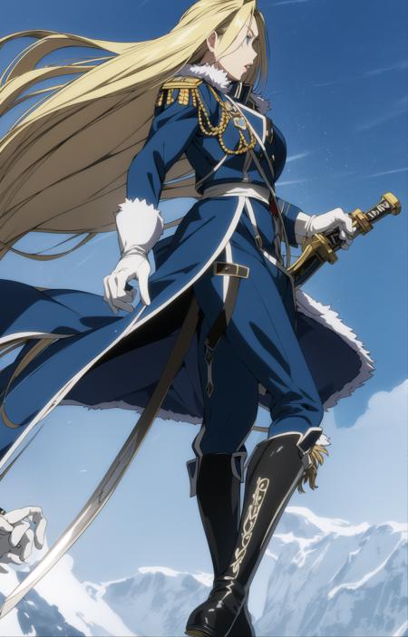 <lora:olivier1:0.8>
 highres, (best quality:1.1),(highly detailed:1.1),
olivier, 1girl, huge breast,thick lips,blue eyes,blond,solo,
blue sky, sky, solo, sword, white gloves, holding a sword, standing, from the right side, floating hair, amestris military uniform, fur-trimmed coat, Briggs Landscape,