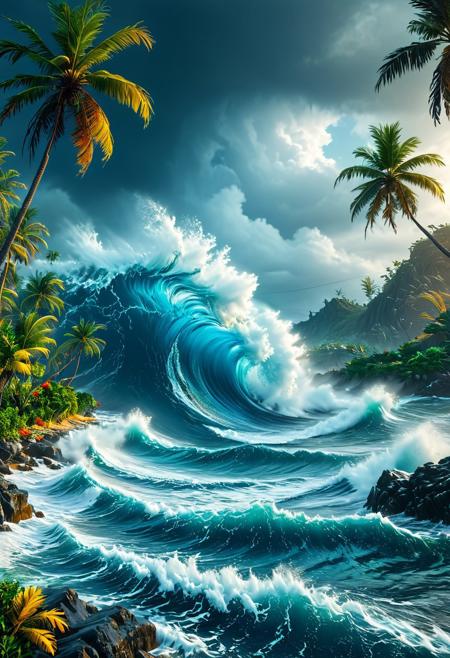 A forceful tempest sweeps over an ocean shoreline, featuring massive waves, palm trees bending under the force, and ominous dark clouds. This detailed, vivid matte painting showcases a fantastical scene with intricate details, creating a captivating splash screen. The harmonious use of complementary colors enhances the overall fantasy concept art, which has become a popular trend on Artstation, utilizing Unreal Engine 5 and showcased in 8K resolution.