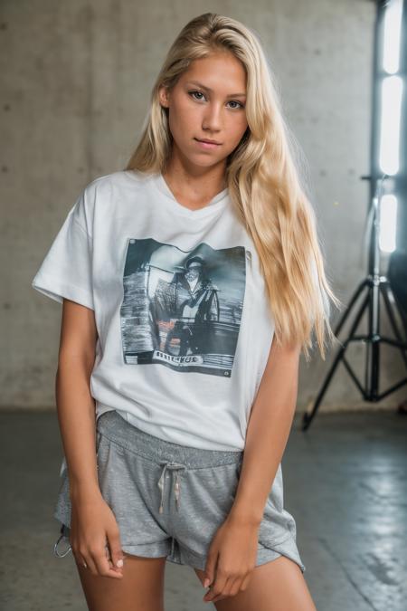 RAW photo of annkou, Oversized T-shirt and biker shorts for a skateboarding session, closeup portrait, blonde, (high detailed skin:1.2), 8k uhd, dslr, soft lighting, high quality, film grain, Fujifilm XT3,  <lora:annkou-000061:1>