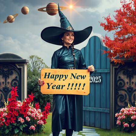 mysterious beautiful witch wearing black leather clothes holding a wooden sign where is written on "Happy New Year!!!", standing in front of a omega formed gate where above on a plate it is printed "2025". in the background is an enchanted colorful forest with marvelous flowers plants, At the sky are planets