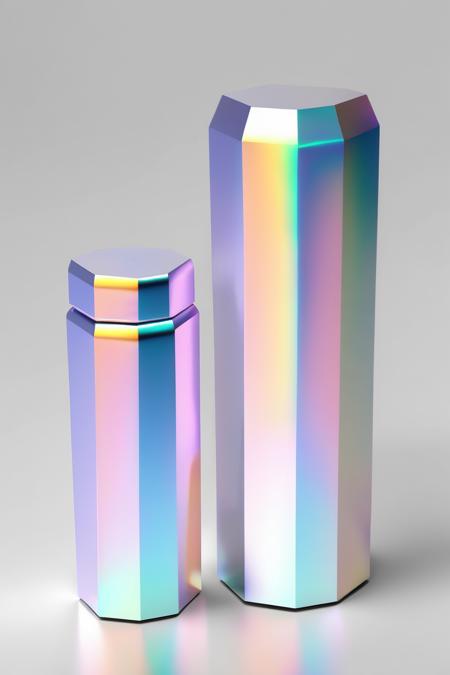 <lora:Made Of Iridescent Foil:1>Made Of Iridescent Foil - a gift packaging with hexagonal column shape, the packaging is using iridescent holographic material, add a heart shape handle on the top of the object, white background, the packaging is reflecting lights