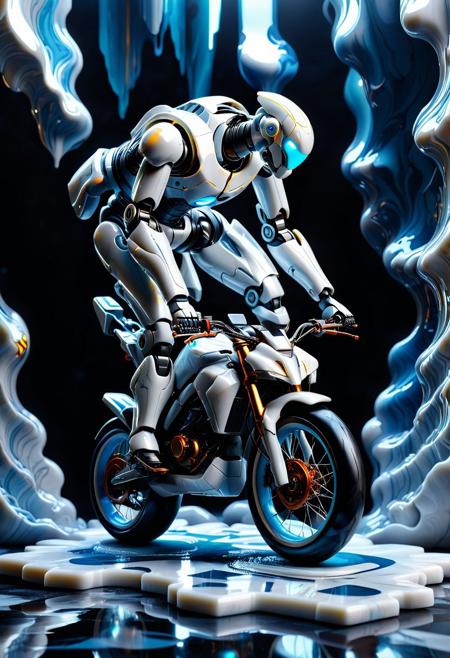 Ultrarealistic. sharp focus, dynamic lighting. play of light, Raytracing, Ultra detailed. (((Liquid Marble style))). A giant robot made of Liquid Marble riding a tiny bicycle in a technicolor world.