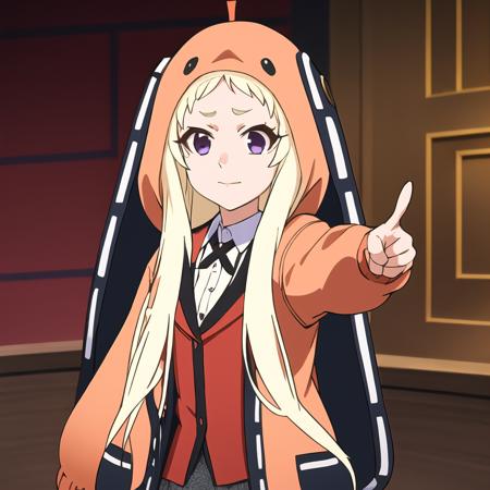 best quality, masterpiece, ultra-detailed,1 girl. solo,  yomozuki runa, blonde hair, purple eyes, long hair,  school uniform, kigurumi, black animal ears,  objection, ace attorney, pointing